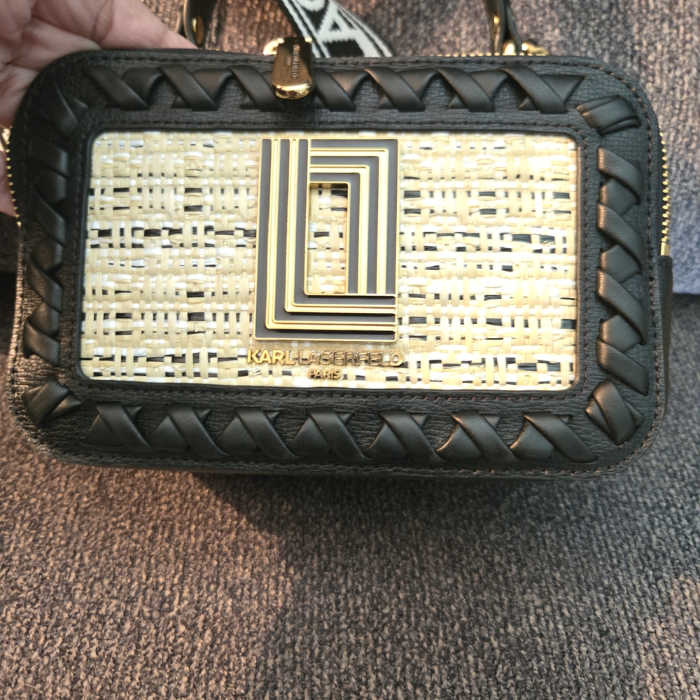 Karl Lagerfeld Black and Tan Woven Crossbody Bag